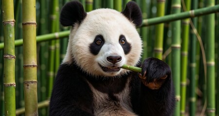 Fototapeta premium Panda eating bamboo in a bamboo forest 91
