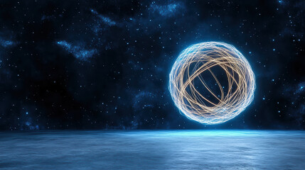 Glowing sphere made of interwoven wires in cosmic space, radiating energy and light