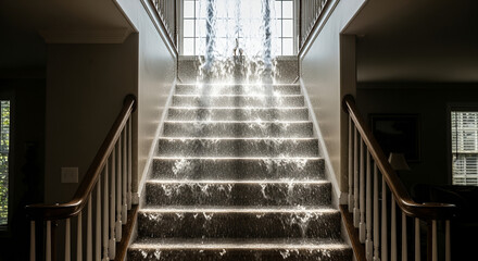 Fototapeta premium Staircase with bright light streaming from a window at the top, creating a surreal, ethereal effect.
