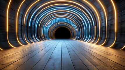 Fototapeta premium Glowing tunnel with neon lights creating mesmerizing atmosphere, leading into darkness