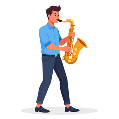 Naklejka premium A cartoon illustration of a man playing a golden saxophone, standing and looking to the right, depicting a musical performance.