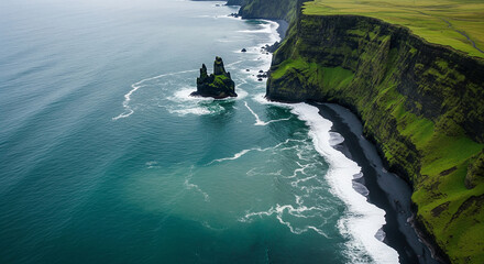An aerial drone view of a dramatic black sand beach with sea stacks and powerful waves, a perfect image for Iceland travel and raw nature's power