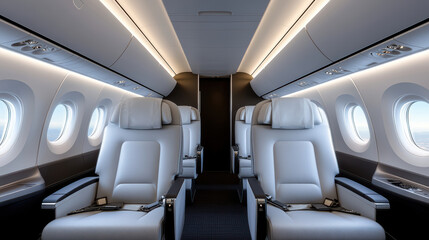 Naklejka premium Luxurious airplane cabin interior with spacious seating and modern design, ready for boarding