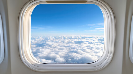 Aerial view from airplane window showcasing fluffy clouds and clear blue sky, evoking