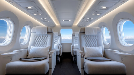 Obraz premium Luxurious airplane cabin interior with spacious seating and large windows showcasing clouds