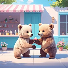 Cute bear cubs sharing dessert
