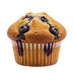 A perfectly baked blueberry muffin with golden-brown domed top, moist texture, and burst blueberries in a white liner, isolated on a transparent background with copy space. Concept of delicious