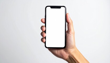 Hand Holding Black Framed Phone with a Blank White Screen on Clean White Background in Plain Studio Lighting for Technology Concept