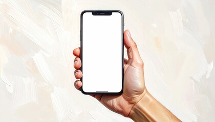 Hand Holding Black Framed Smartphone with Blank White Screen Against Textured Beige and White Background