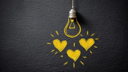A yellow chalk drawn light bulb with filament lines and three radiating hearts on a dark textured wall,