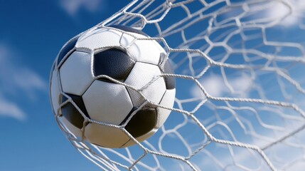 A black and white soccer ball rests inside a white goal net against a clear blue sky,