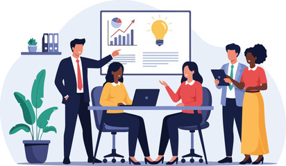 Illustration of diverse business team collaborating on a project in a modern office setting