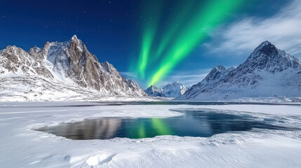 Majestic Arctic landscape featuring glowing polar lights illuminating snow covered mountains