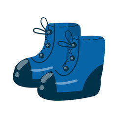 Pair of blue outdoor boots for weather-resistant adventures. Cute waterproof footwear in doodle style. Hand-drawn. Activity boots for autumn and winter. Isolated design element on white background.
