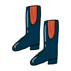 Pair of dark blue rubber boots with red accents. Cute waterproof footwear in a fun doodle style. Hand-drawn. Perfect for autumn, spring, and gardening. Isolated design element on white background.