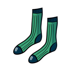 Pair of funny green socks in doodle style. Hand-drawn illustration. Isolated design element on white background
