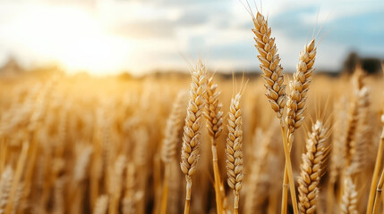 Fototapeta premium Golden wheat field glowing under sunlight, showcasing nature beauty and harvest