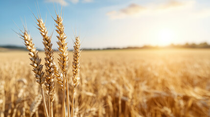 Naklejka premium Golden wheat field glowing under sunlight, showcasing nature beauty and harvest