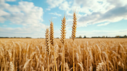Fototapeta premium Golden wheat field under blue sky with fluffy clouds, showcasing nature beauty and harvest