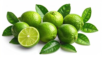 Group of Fresh Limes with Green Leaves on White Background in Bright Natural Light