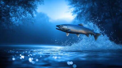 Fototapeta premium Salmon leaping through water with a splash at twilight, showcasing the vibrant energy of aquatic life in its natural habitat