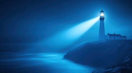 Fototapeta premium As the sun sets, a lighthouse shines brightly, guiding ships along the rugged coastline while the calm waters reflect the golden hues of twilight.