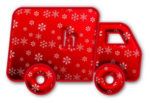 Christmas Red 24 Hour Delivery Truck Icon glossy 3D festive holiday winter decoration shiny shipping transport symbol for celebration poster sticker background