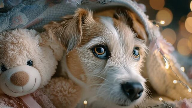 Pet Humanization of dog cuddling teddy bear under blanket watching TV, cozy adorable funny canine lifestyle stock photo, domestic pet humor concept for family comfort vibes.