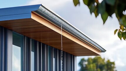 A modern metal and steel industrial building with a window pattern stands beneath a blue sky, reflecting architecture and construction design