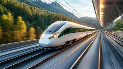 Obraz premium High speed train racing through countryside with mountains background, showcasing modern design