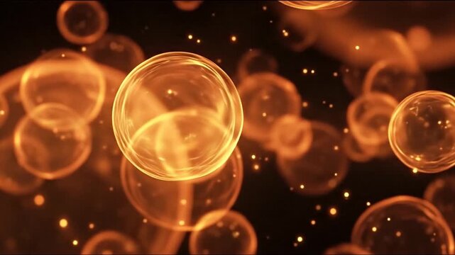 Abstract visualization of glowing orange bubbles floating in a dark background, creating a sense of depth and warmth, ideal for use in digital art and design projects