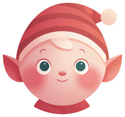 Fototapeta premium Cute holiday elf with rosy cheeks and a striped red hat smiling cheerfully in a festive illustration isolated on transparent background.