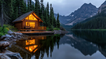 Fototapeta premium Cozy cabin reflection in still mountain lake during twilight creates serene atmosphere