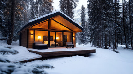 Cozy cabin nestled in snowy woods, surrounded by tall trees and serene atmosphere