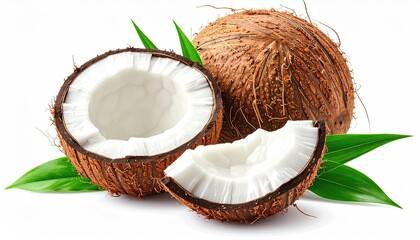 Halved and Whole Brown Coconuts with Green Leaves on White Background Close Up