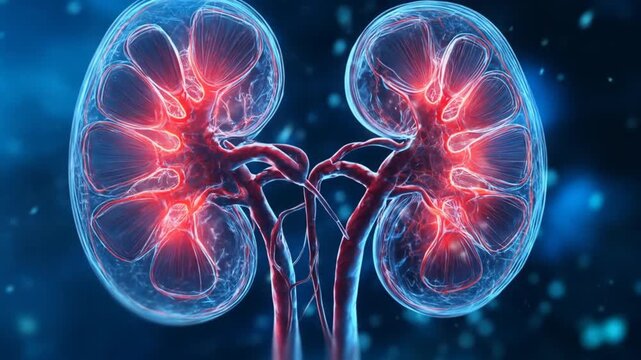 Detailed illustration of human kidneys showcasing intricate vascular structures and glowing red highlights against a blue abstract background, ideal for educational or medical use