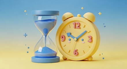 Stock photo of time management concept with hourglass and alarm clock illustration
