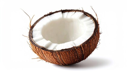 Halved Coconut with White Flesh and Textured Brown Shell Floating on White Background
