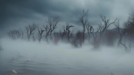 Fearful misty swamp with bare tree silhouettes and low foggy mist over lake water creating eerie calm atmosphere - Powered by Adobe