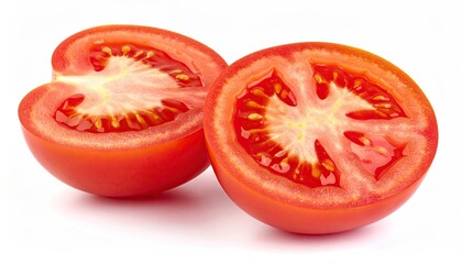 Halved Red Tomato Close Up on White Background with Detailed Texture and Seed Cavities in Natural Light