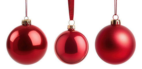 Three shiny red Christmas ornaments with gold caps and ribbons isolated on transparent background