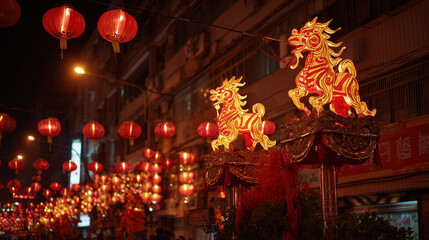 Vibrant chinese new year decorations with dragon lanterns and red lanterns at night
