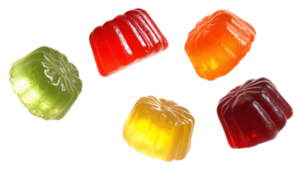 Assorted colorful fruit jelly candies in various flavors, isolated on transparent background