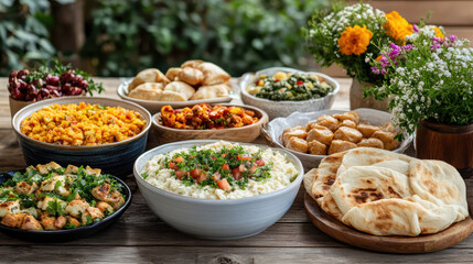 Fototapeta premium Delicious ceremonial food offerings on decorated table with vibrant flowers