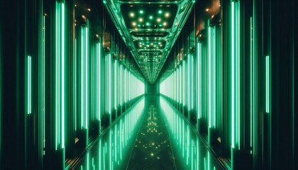 Fototapeta premium A long corridor lined with glowing green neon lights