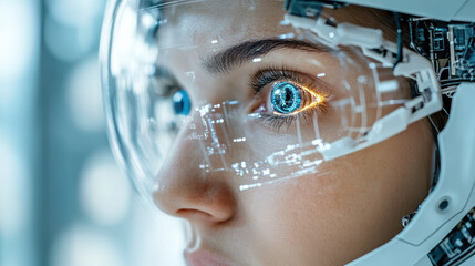 Close up of humanoid robot face with glowing eye and advanced technology features