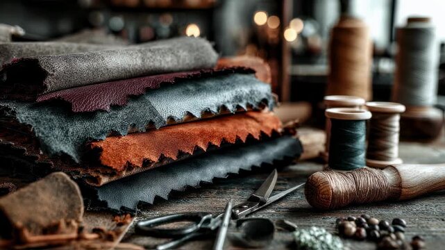 Medium shot of various suede upholstery fabric samples displayed on a table with soft focus on surrounding tools emphasizing fabric softness and texture.