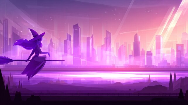 Cartoon witch flying over a neon skyline at dusk in a spooky Halloween-themed scene
