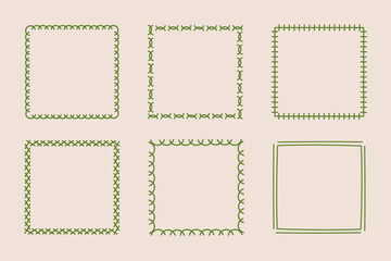 Square doodle stamp frames, hand-drawn wavy curly monograms. Edgings and cadres with simple sketchy scribble swirl design elements. Isolated. Vector illustration.