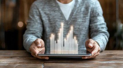 Digital tablet displaying glowing bar graph person holding device data visualization technology